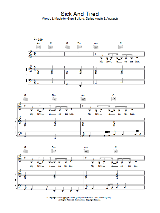 Learn to play Anastacia Sick And Tired sheet music for Piano, Vocal & Guitar in minutes. Anastacia Sick And Tired sheet music preview music notes and score for Piano, Vocal & Guitar including 6 page(s)