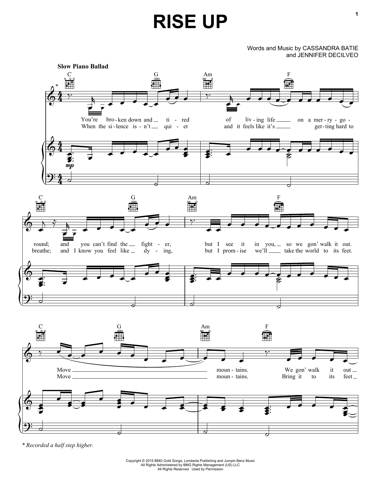 Andra Day Rise Up sheet music preview music notes and score for Guitar Ensemble including 2 page(s)