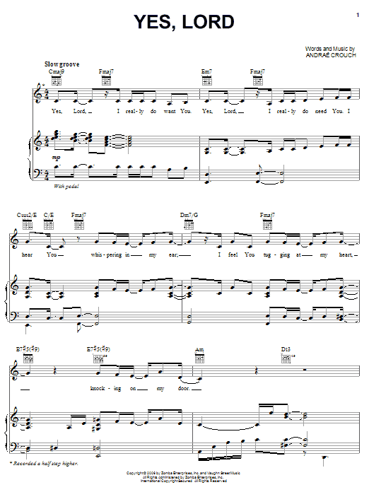 Andrae Crouch Yes, Lord sheet music, chords, lyrics - Printable PDF for Piano, Vocal & Guitar (Right-Hand Melody)