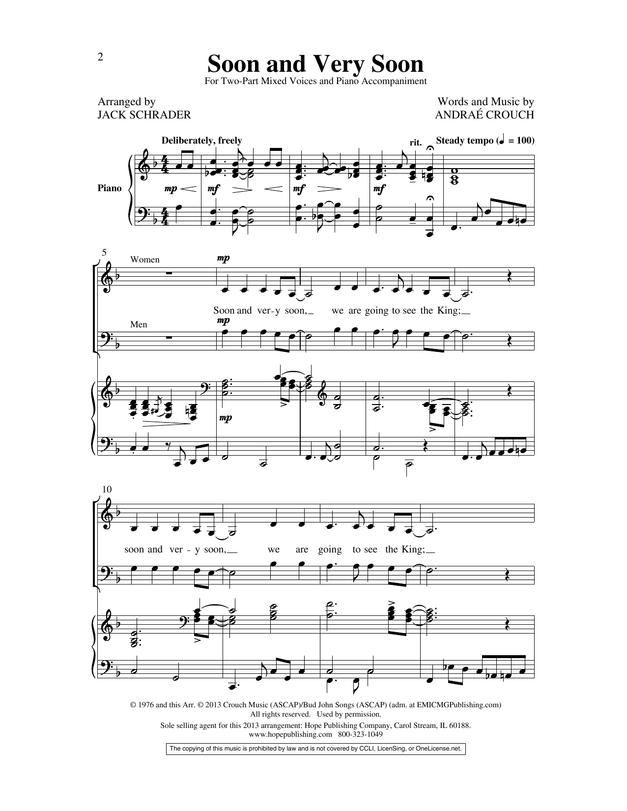 Learn to play Andrae Crouch Soon and Very Soon (arr. Jack Schrader) sheet music for SATB Choir in minutes. Andrae Crouch Soon and Very Soon (arr. Jack Schrader) sheet music preview music notes and score for SATB Choir including 7 page(s)