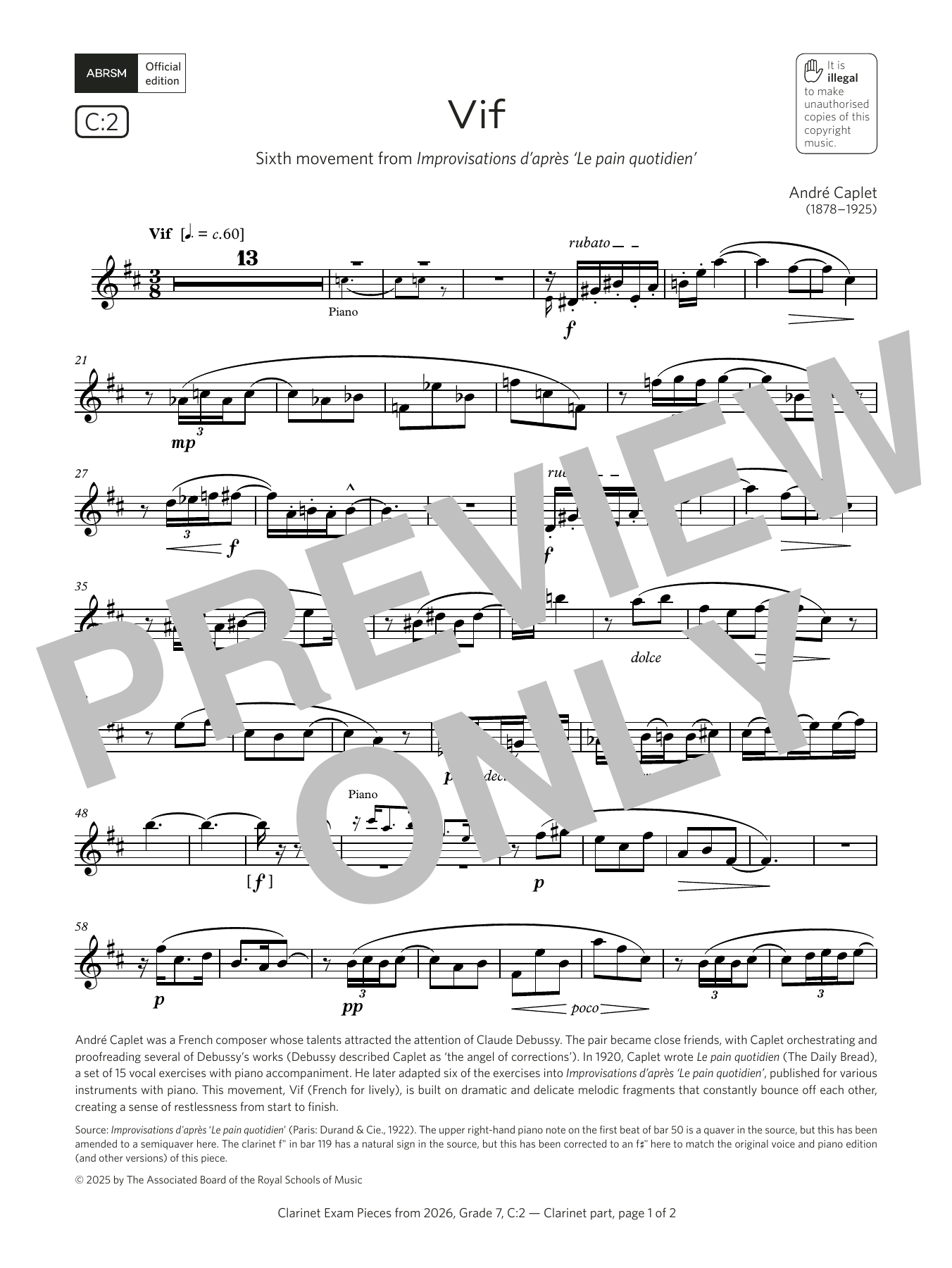 André Caplet Vif (Grade 7, list C2, from the ABRSM Clarinet Syllabus from 2026) sheet music, chords, lyrics - Printable PDF for Clarinet Solo