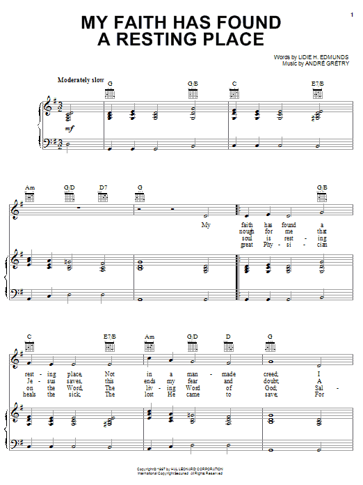 Learn to play Andre Gretry My Faith Has Found A Resting Place sheet music for Piano, Vocal & Guitar (Right-Hand Melody) in minutes. Andre Gretry My Faith Has Found A Resting Place sheet music notes and chords
