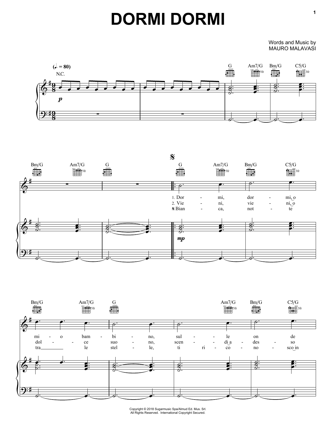 Andrea Bocelli Dormi Dormi sheet music, chords, lyrics - Printable PDF for Piano, Vocal & Guitar (Right-Hand Melody)