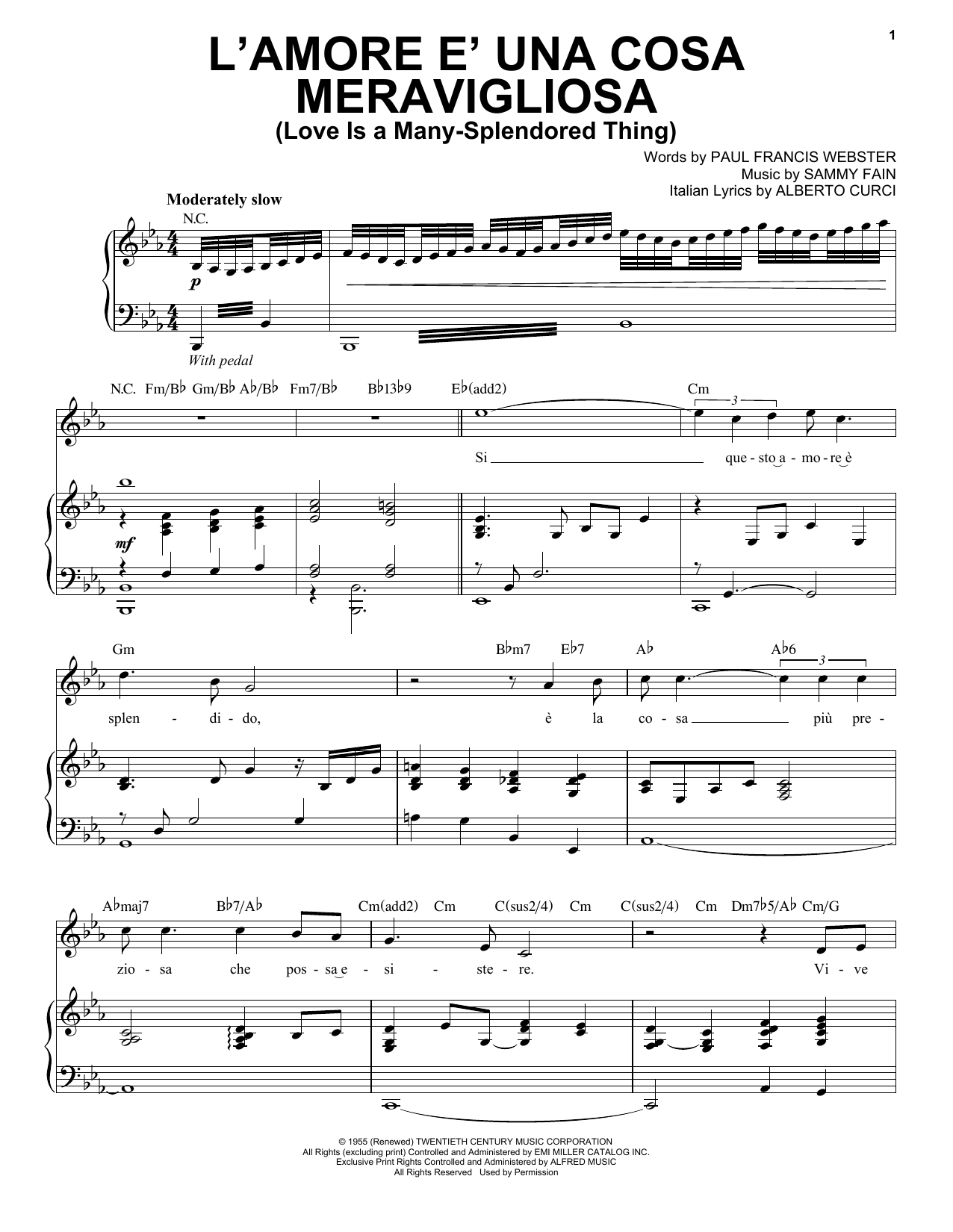 Andrea Bocelli L'Amore E Una Cosa Mervavigliosa (Love Is A Many-Splendored Thing) sheet music, chords, lyrics - Printable PDF for Piano & Vocal