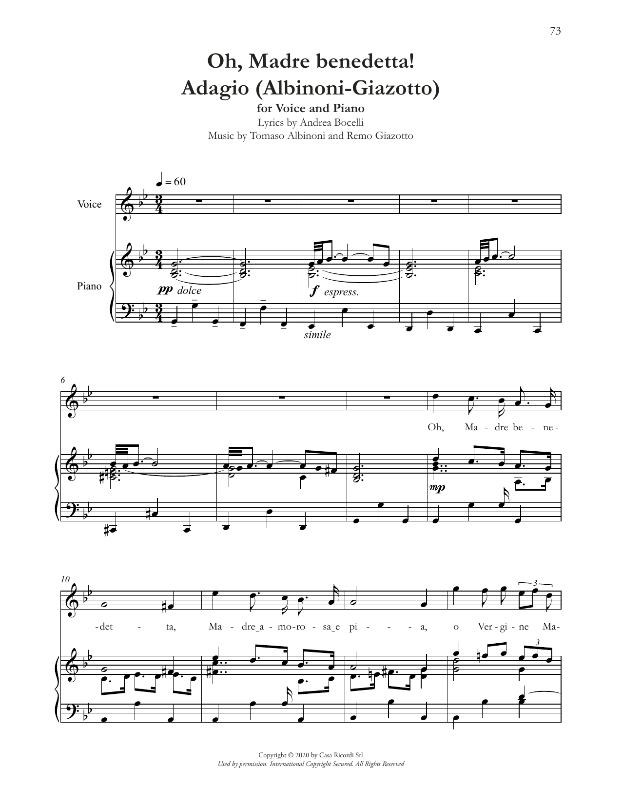 Andrea Bocelli Oh, Madre Benedetta! (Adagio Di Albinoni) sheet music, chords, lyrics - Printable PDF for Piano & Vocal