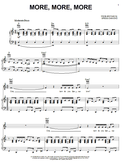 Andrea True More, More, More sheet music, chords, lyrics - Printable PDF for Piano, Vocal & Guitar (Right-Hand Melody)
