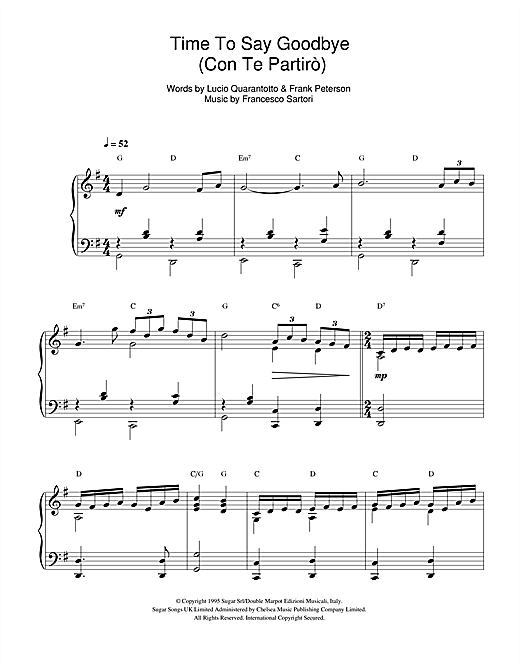 Learn to play Andrea Bocelli Time To Say Goodbye (Con Te Partirò) sheet music for Piano in minutes. Andrea Bocelli Time To Say Goodbye (Con Te Partirò) sheet music notes and chords
