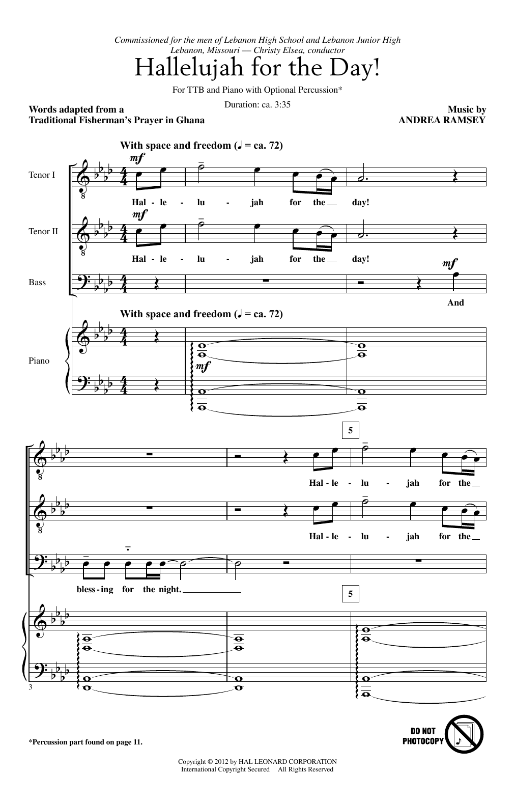 Learn to play Andrea Ramsey Hallelujah For The Day! sheet music for TTBB in minutes. Andrea Ramsey Hallelujah For The Day! sheet music preview music notes and score for TTBB including 9 page(s)