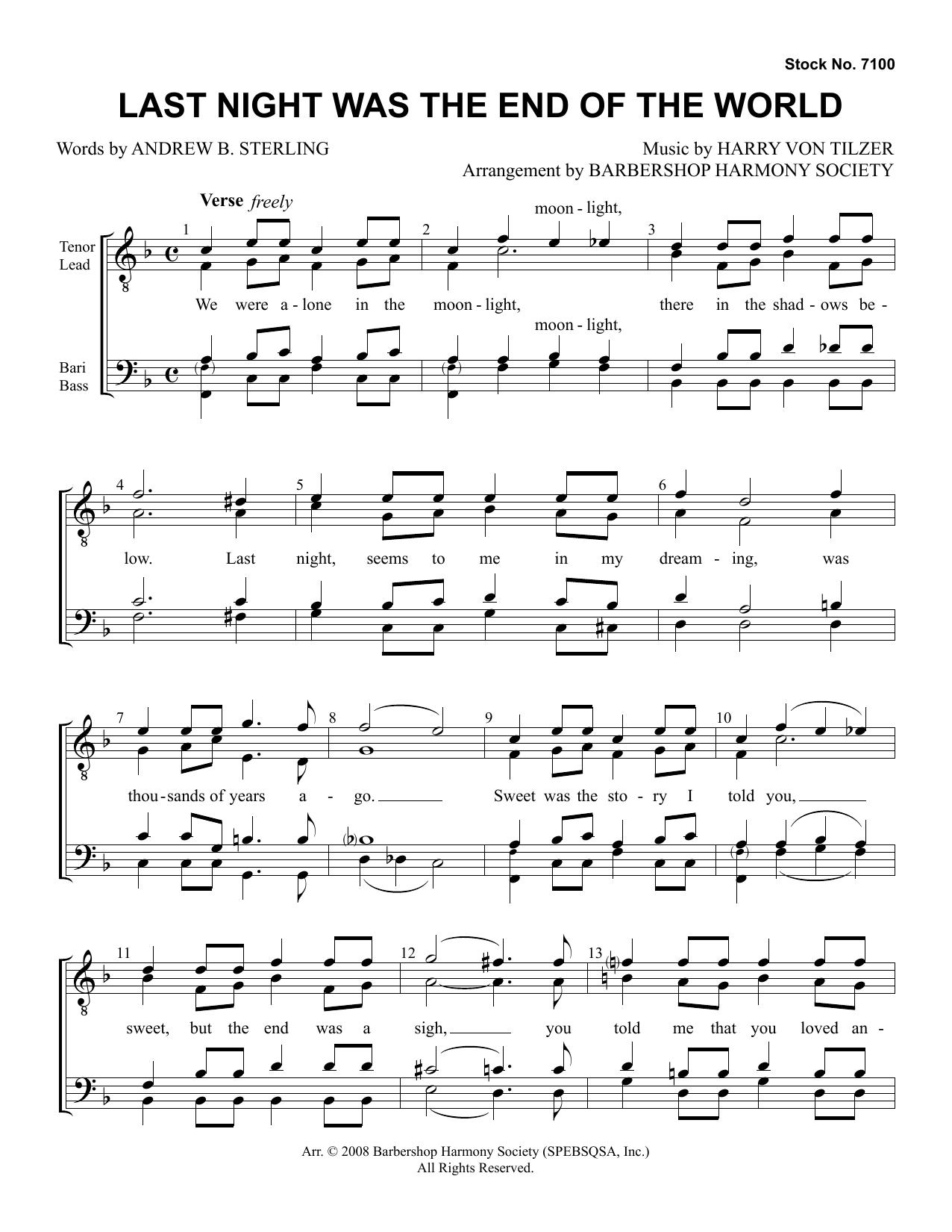 Andrew B. Sterling & Harry von Tilzer Last Night Was The End Of The World (arr. Barbershop Harmony Society) sheet music, chords, lyrics - Printable PDF for SSAA Choir