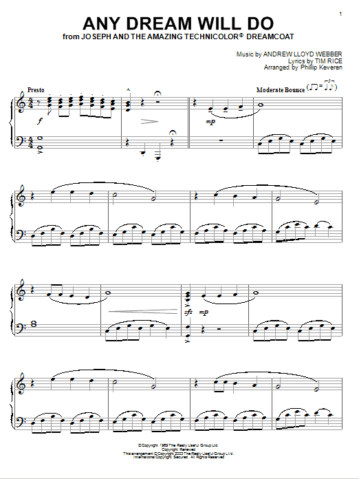 Andrew Lloyd Webber Any Dream Will Do (from Joseph And The Amazing Technicolor Dreamcoat) sheet music, chords, lyrics - Printable PDF for Piano