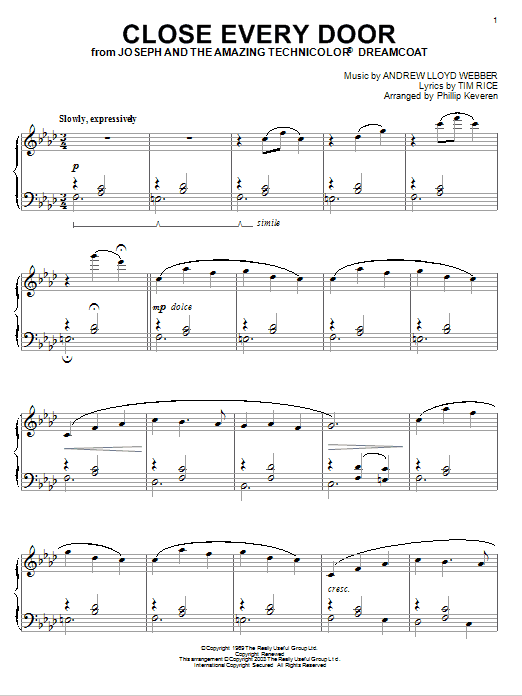 Andrew Lloyd Webber Close Every Door (from Joseph And The Amazing Technicolor Dreamcoat) sheet music, chords, lyrics - Printable PDF for Piano
