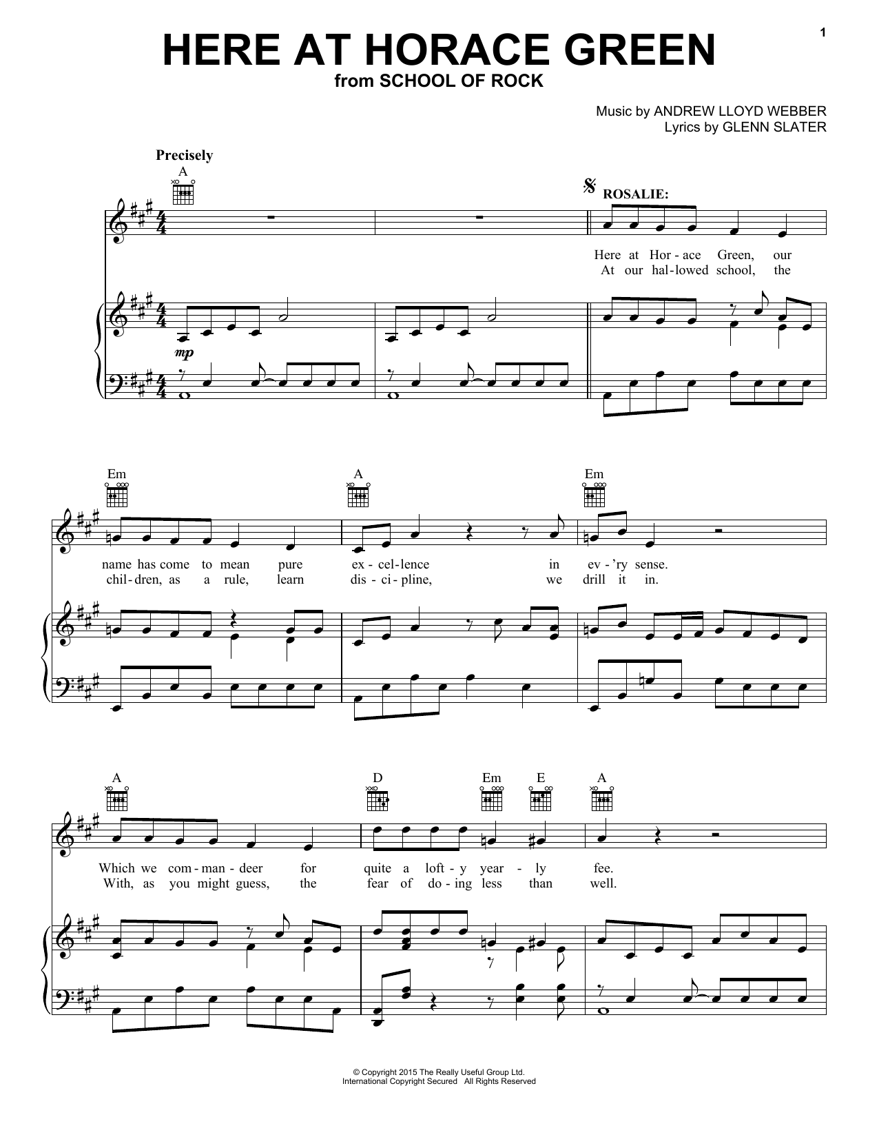 Andrew Lloyd Webber Here At Horace Green (from School of Rock: The Musical) sheet music, chords, lyrics - Printable PDF for Easy Piano