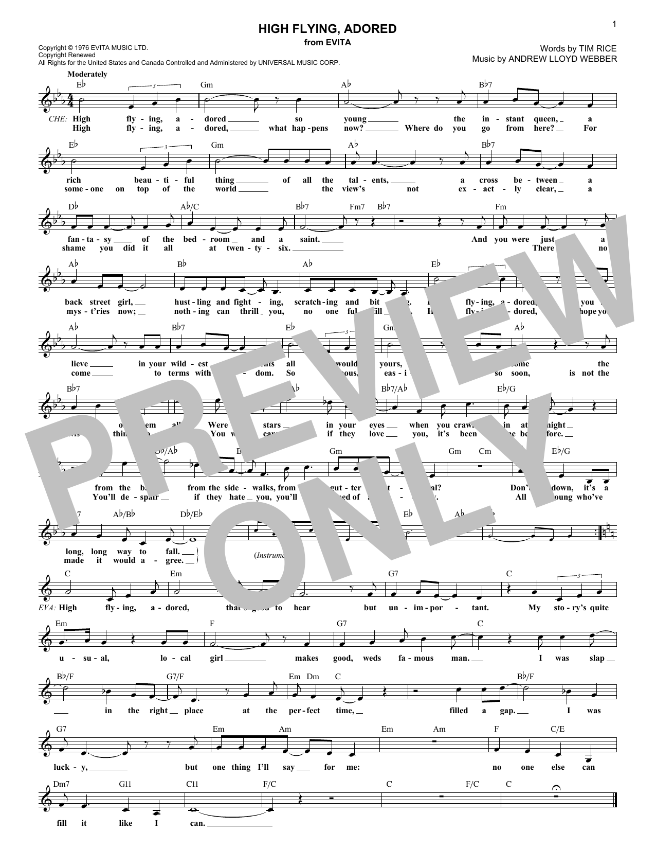 Andrew Lloyd Webber High Flying, Adored sheet music, chords, lyrics - Printable PDF for Super Easy Piano