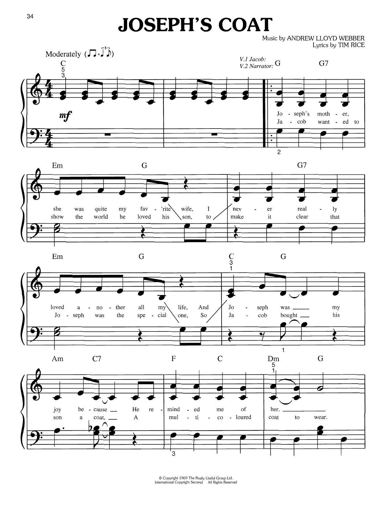 Andrew Lloyd Webber Joseph's Coat (from Joseph and the Amazing Technicolor Dreamcoat) sheet music, chords, lyrics - Printable PDF for Big Note Piano