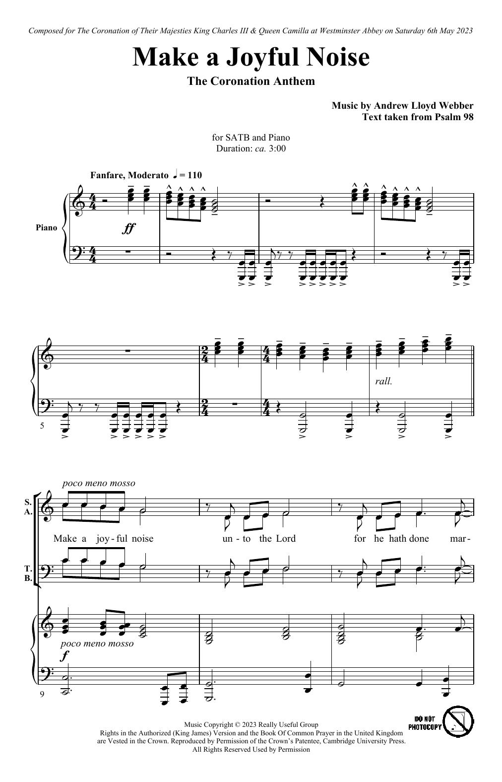 Andrew Lloyd Webber Make A Joyful Noise - The Coronation Anthem (for SATB and Piano) sheet music, chords, lyrics - Printable PDF for SATB Choir