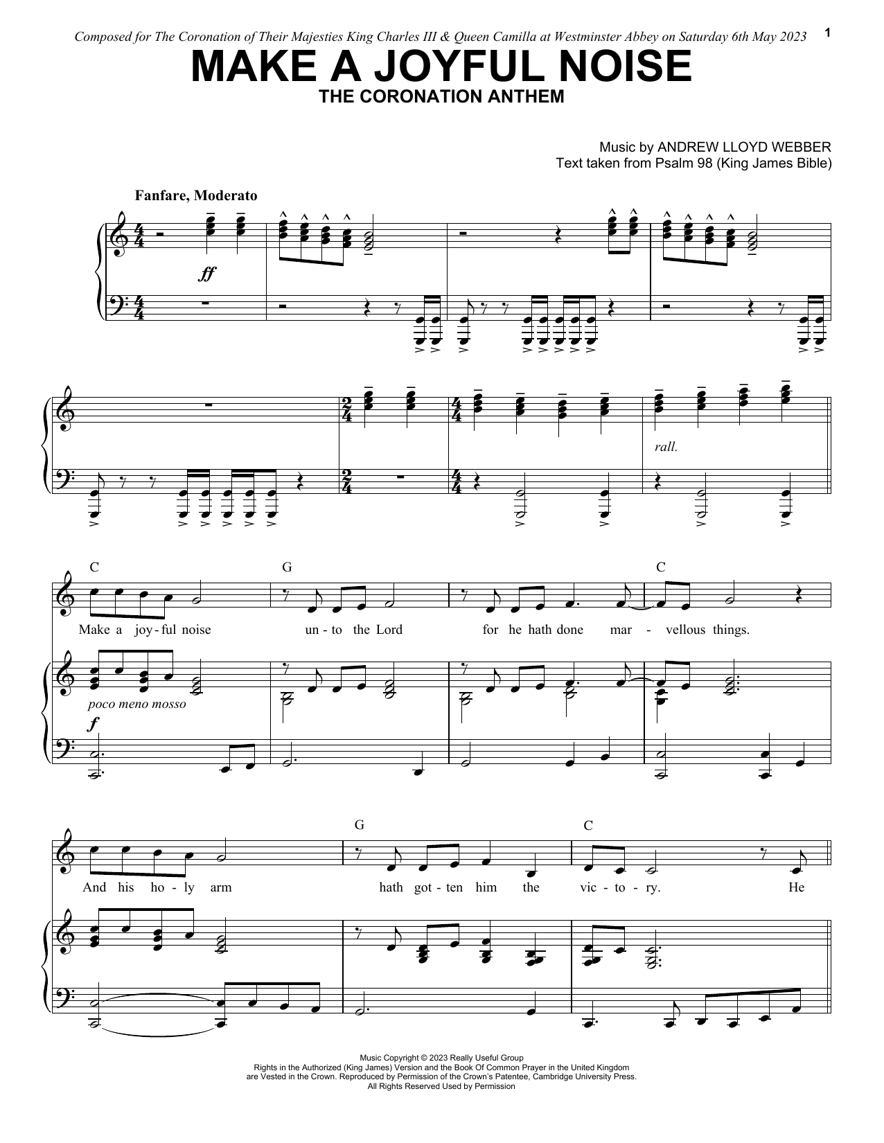 Andrew Lloyd Webber Make A Joyful Noise - The Coronation Anthem (for Unison Voices and Piano) sheet music, chords, lyrics - Printable PDF for Unison Choir