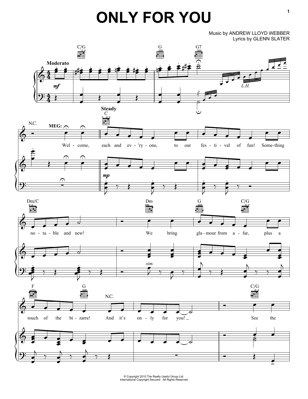 Andrew Lloyd Webber Only For Him/Only For You (from 'Love Never Dies') sheet music, chords, lyrics - Printable PDF for Piano, Vocal & Guitar (Right-Hand Melody)