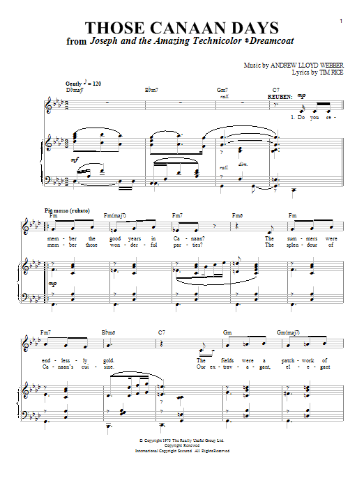 Andrew Lloyd Webber Those Canaan Days (from Joseph and the Amazing Technicolor Dreamcoat) sheet music, chords, lyrics - Printable PDF for Big Note Piano