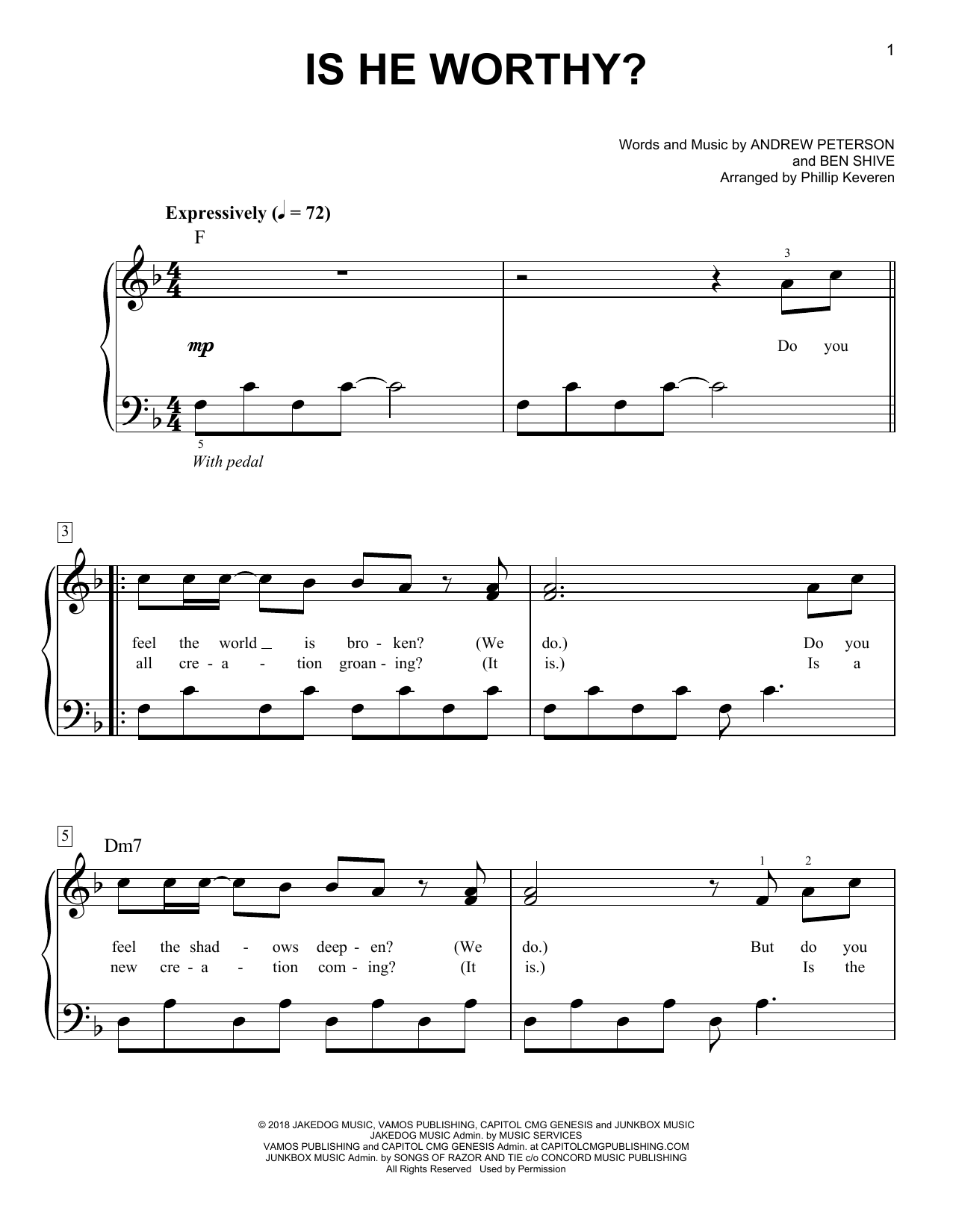 Andrew Peterson Is He Worthy? (arr. Phillip Keveren) sheet music, chords, lyrics - Printable PDF for Easy Piano