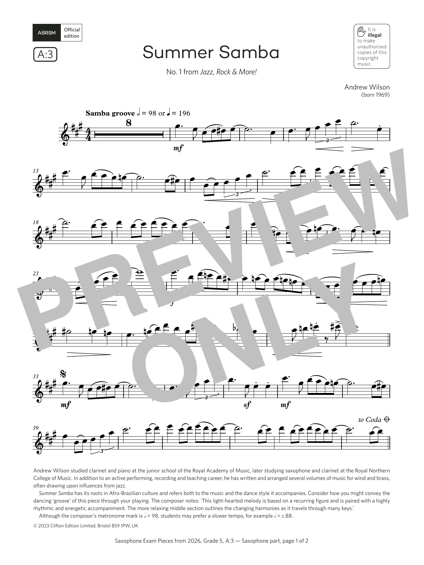 Andrew Wilson Summer Samba (Grade 5, list A3, from the ABRSM Saxophone Syllabus from 2026) sheet music, chords, lyrics - Printable PDF for Alto Sax Solo