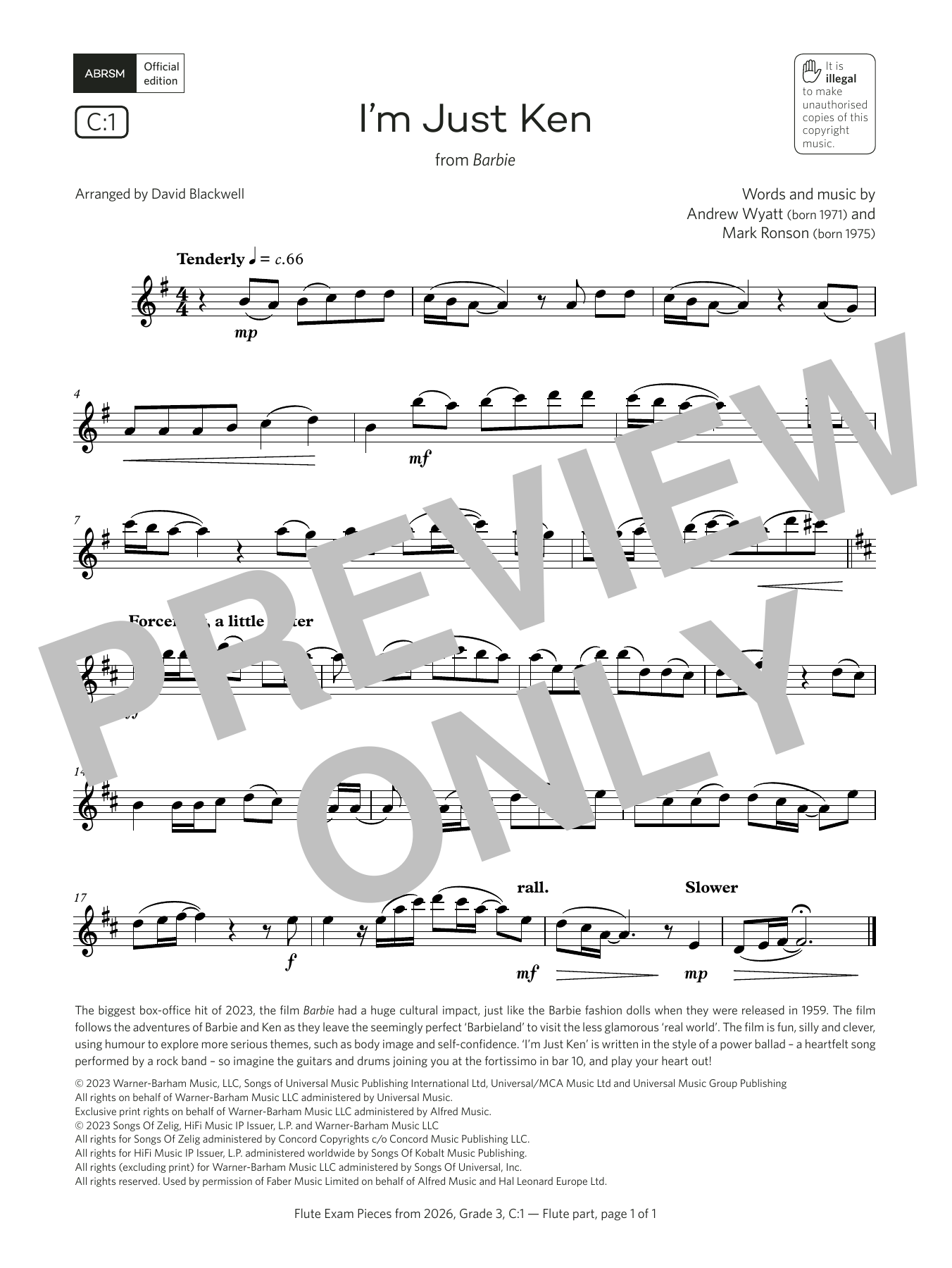 Andrew Wyatt I'm Just Ken (Grade 3, list C1, from the ABRSM Flute Syllabus from 2026) sheet music, chords, lyrics - Printable PDF for Flute Solo