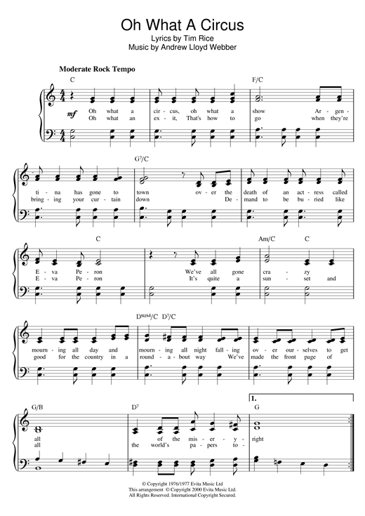 Learn to play Andrew Lloyd Webber Oh What A Circus (from Evita) sheet music for Piano in minutes. Andrew Lloyd Webber Oh What A Circus (from Evita) sheet music notes and chords