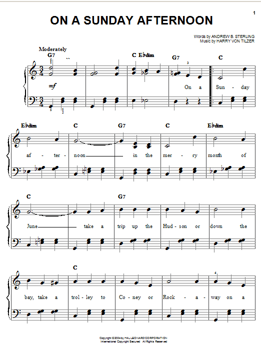 Learn to play Andrew B. Sterling On A Sunday Afternoon sheet music for Easy Piano in minutes. Andrew B. Sterling On A Sunday Afternoon sheet music preview music notes and score for Easy Piano including 2 page(s)