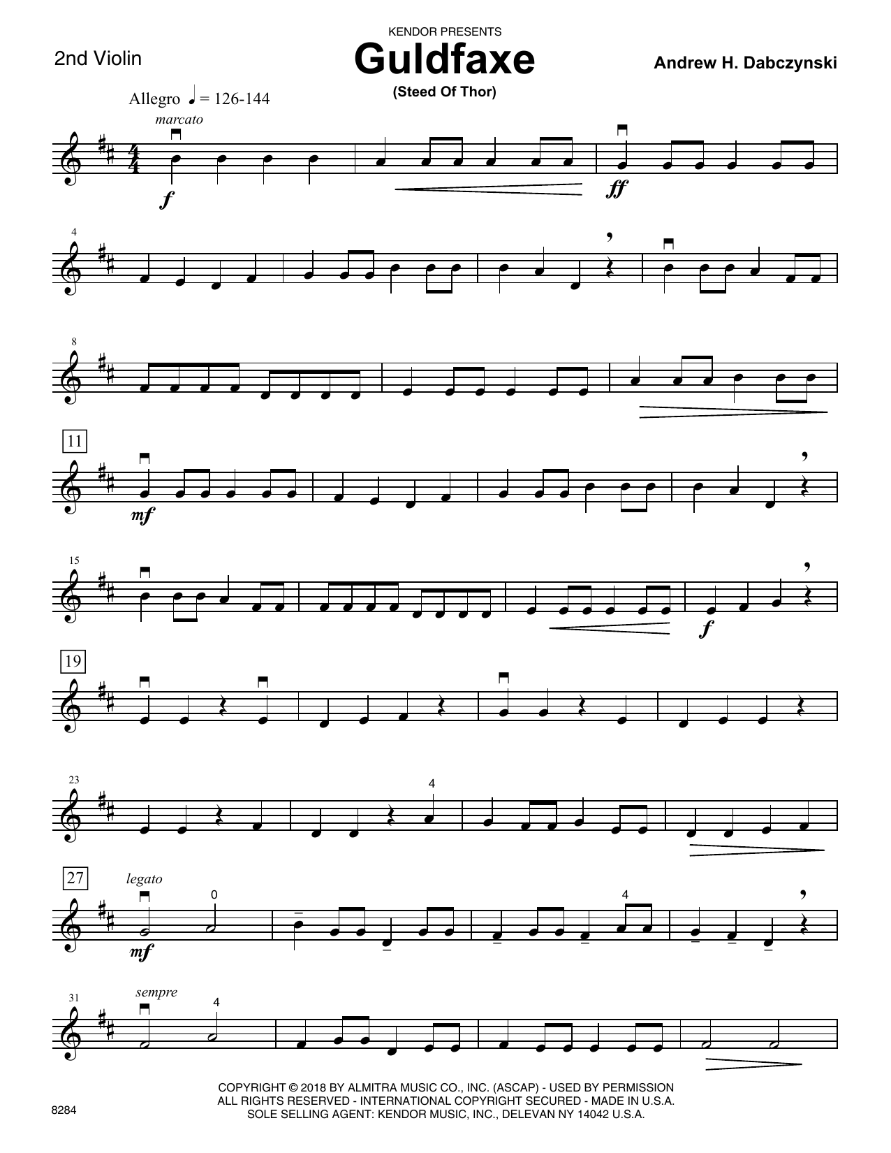 Learn to play Andrew Dabczynski Guldfaxe (Steed Of Thor) - 2nd Violin sheet music for Orchestra in minutes. Andrew Dabczynski Guldfaxe (Steed Of Thor) - 2nd Violin sheet music preview music notes and score for Orchestra including 2 page(s)