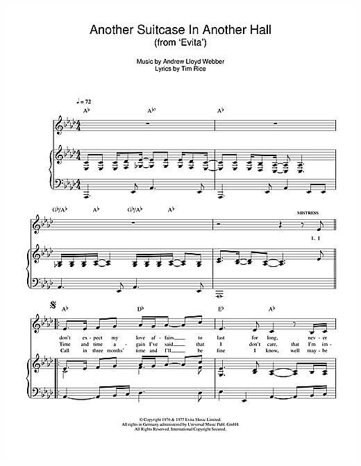 Learn to play Andrew Lloyd Webber Another Suitcase In Another Hall (from Evita) sheet music for Piano, Vocal & Guitar (Right-Hand Melody) in minutes. Andrew Lloyd Webber Another Suitcase In Another Hall (from Evita) sheet music notes and chords