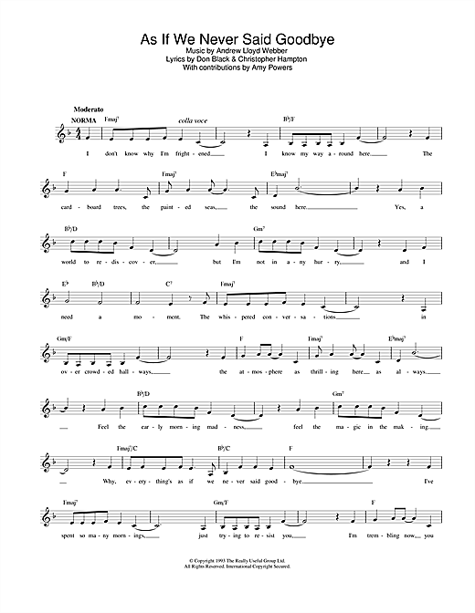 Learn to play Andrew Lloyd Webber As If We Never Said Goodbye (from Sunset Boulevard) sheet music for Piano, Vocal & Guitar (Right-Hand Melody) in minutes. Andrew Lloyd Webber As If We Never Said Goodbye (from Sunset Boulevard) sheet music preview music notes and score for Piano, Vocal & Guitar (Right-Hand Melody) including 9 page(s)