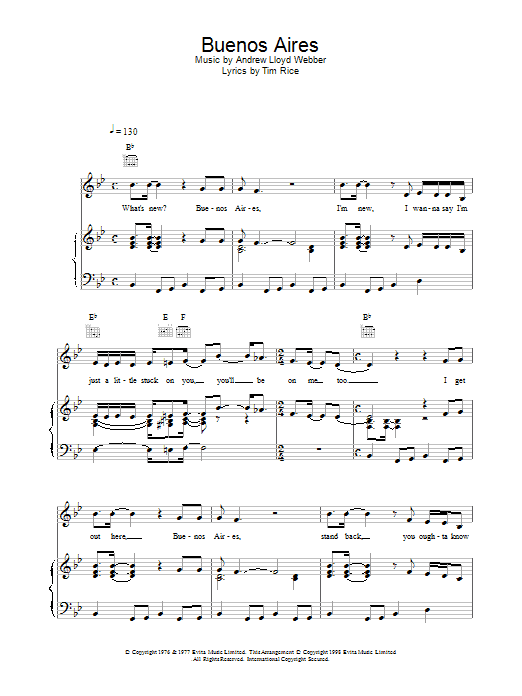 Learn to play Andrew Lloyd Webber Buenos Aires sheet music for Piano, Vocal & Guitar (Right-Hand Melody) in minutes. Andrew Lloyd Webber Buenos Aires sheet music preview music notes and score for Piano, Vocal & Guitar (Right-Hand Melody) including 7 page(s)