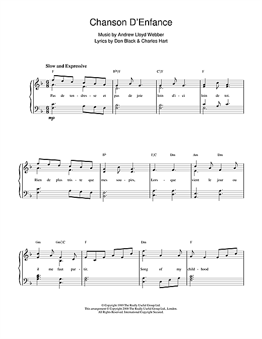 Learn to play Andrew Lloyd Webber Chanson D'Enfance (from Aspects Of Love) sheet music for Piano in minutes. Andrew Lloyd Webber Chanson D'Enfance (from Aspects Of Love) sheet music notes and chords