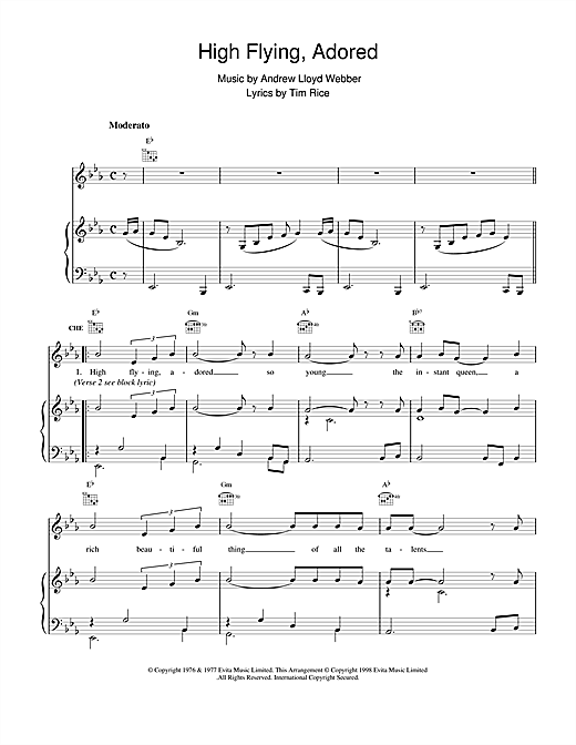 Learn to play Andrew Lloyd Webber High Flying, Adored (from Evita) sheet music for Piano, Vocal & Guitar (Right-Hand Melody) in minutes. Andrew Lloyd Webber High Flying, Adored (from Evita) sheet music notes and chords