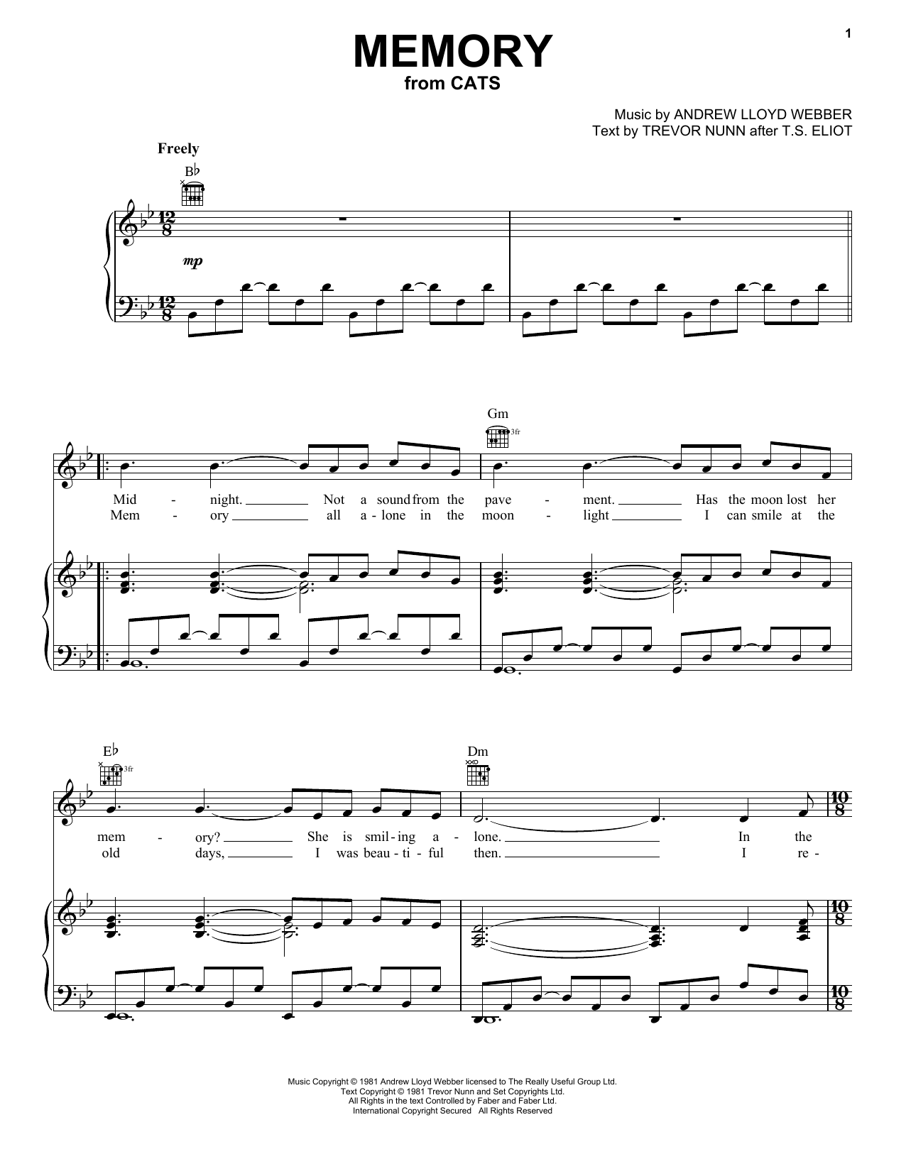 Andrew Lloyd Webber Memory (from Cats) sheet music preview music notes and score for Beginner Piano including 2 page(s)