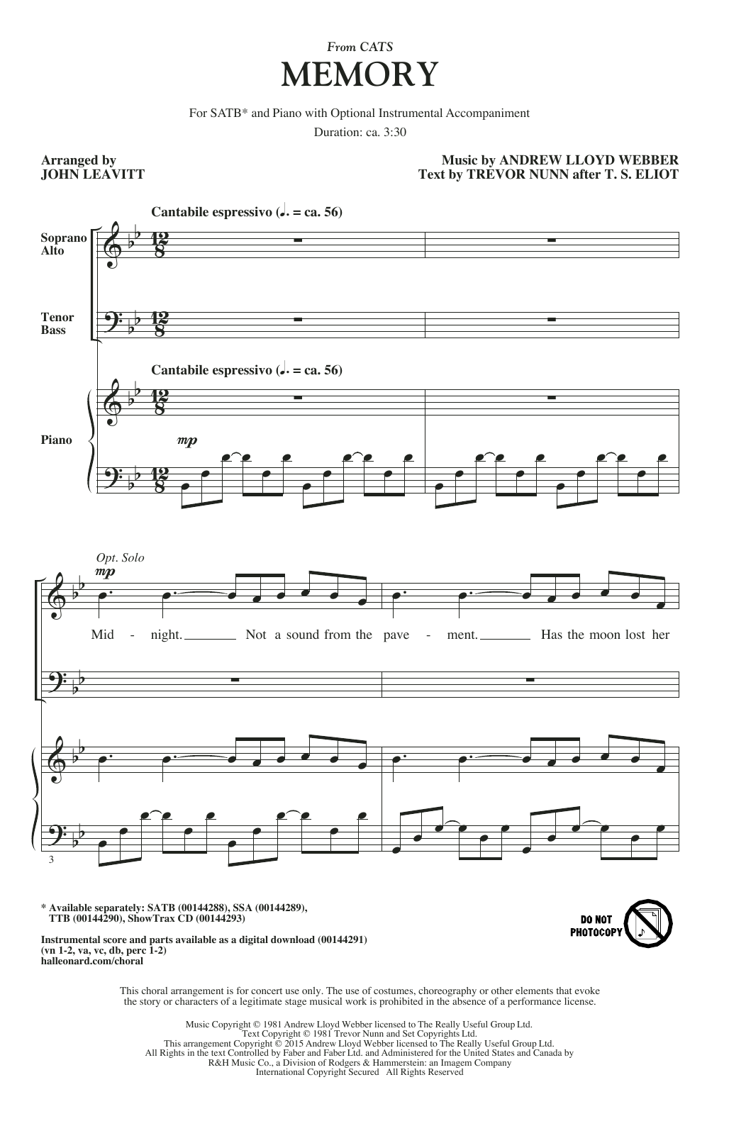 Learn to play Andrew Lloyd Webber Memory (arr. John Leavitt) sheet music for SATB in minutes. Andrew Lloyd Webber Memory (arr. John Leavitt) sheet music preview music notes and score for SATB including 9 page(s)