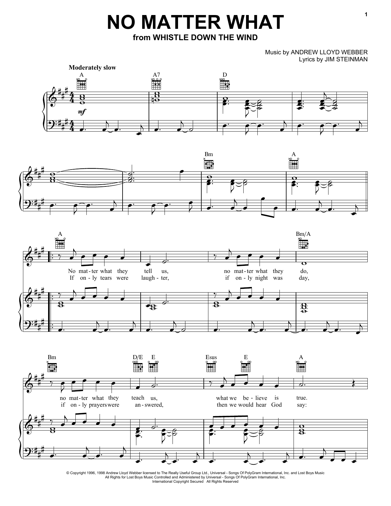 Andrew Lloyd Webber No Matter What sheet music preview music notes and score for Piano, Vocal & Guitar (Right-Hand Melody) including 5 page(s)