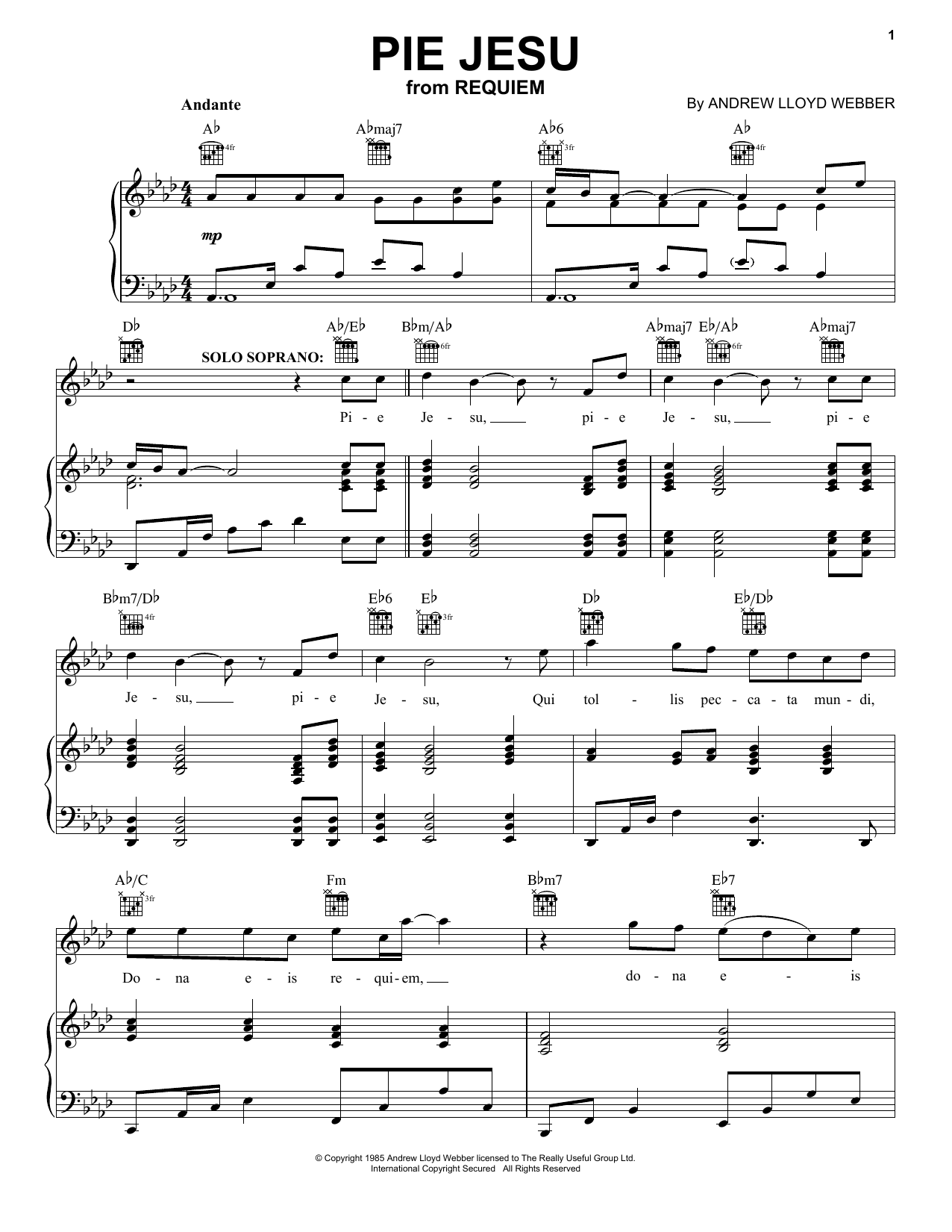 Andrew Lloyd Webber Pie Jesu sheet music preview music notes and score for Piano, Vocal & Guitar (Right-Hand Melody) including 5 page(s)