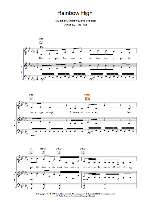 Andrew Lloyd Webber Rainbow High (from Evita) sheet music preview music notes and score for Piano, Vocal & Guitar (Right-Hand Melody) including 6 page(s)