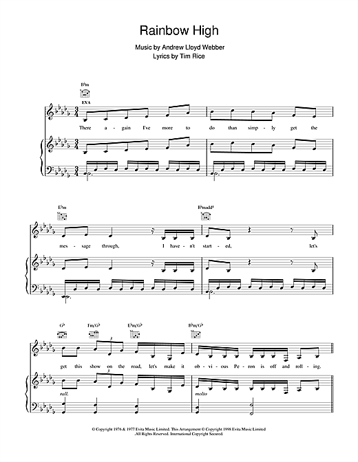 Learn to play Andrew Lloyd Webber Rainbow High (from Evita) sheet music for Piano, Vocal & Guitar (Right-Hand Melody) in minutes. Andrew Lloyd Webber Rainbow High (from Evita) sheet music notes and chords
