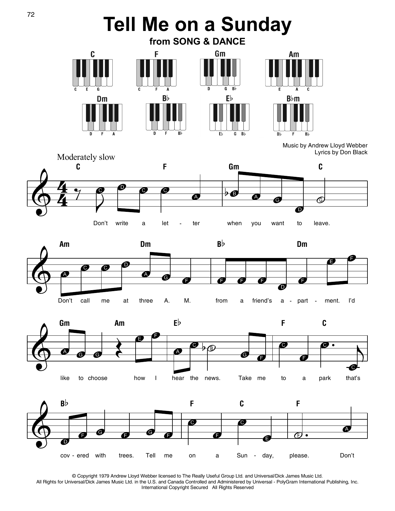 Learn to play Andrew Lloyd Webber Tell Me On A Sunday sheet music for Piano, Vocal & Guitar (Right-Hand Melody) in minutes. Andrew Lloyd Webber Tell Me On A Sunday sheet music notes and chords