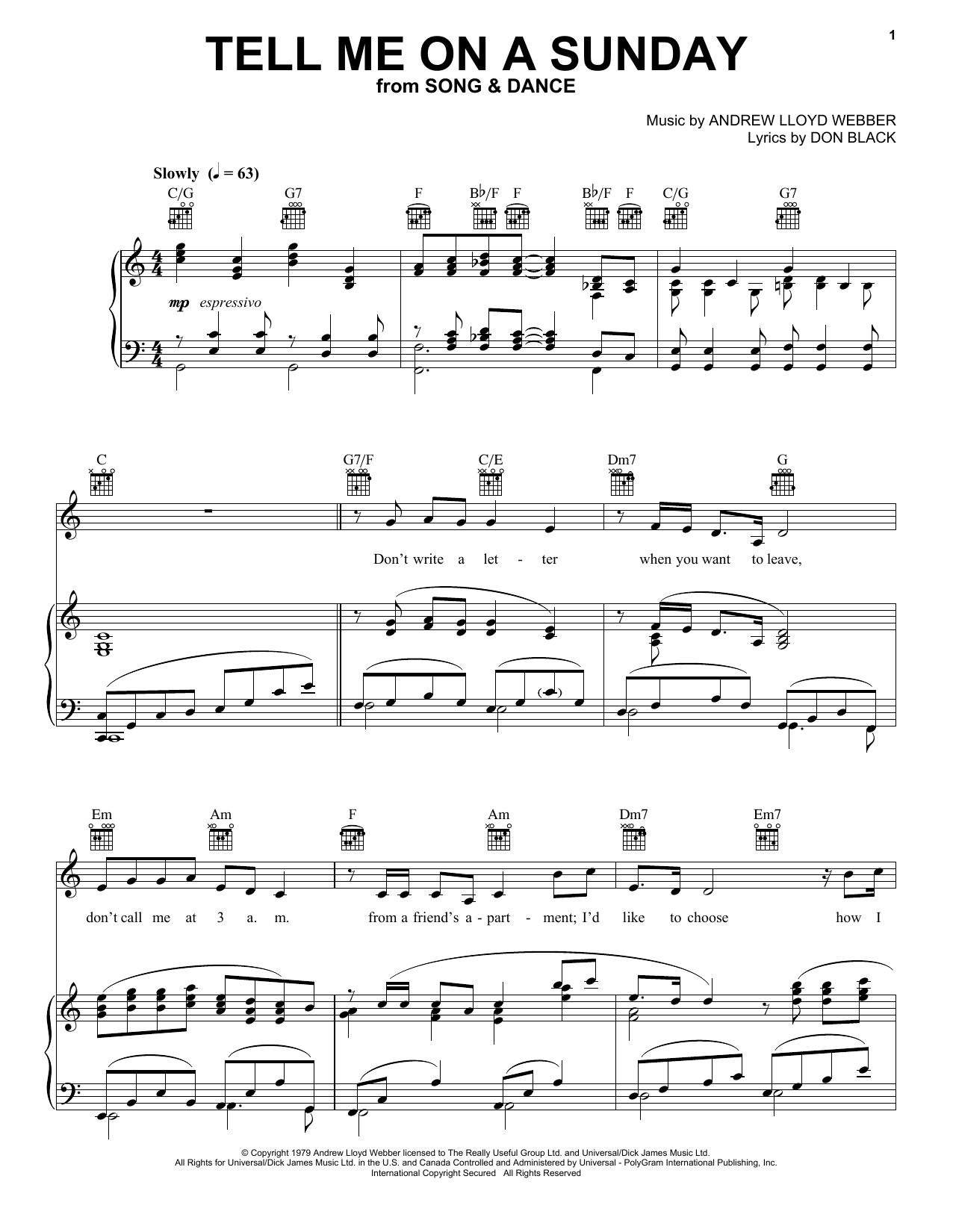Andrew Lloyd Webber Tell Me On A Sunday sheet music preview music notes and score for Piano, Vocal & Guitar (Right-Hand Melody) including 5 page(s)