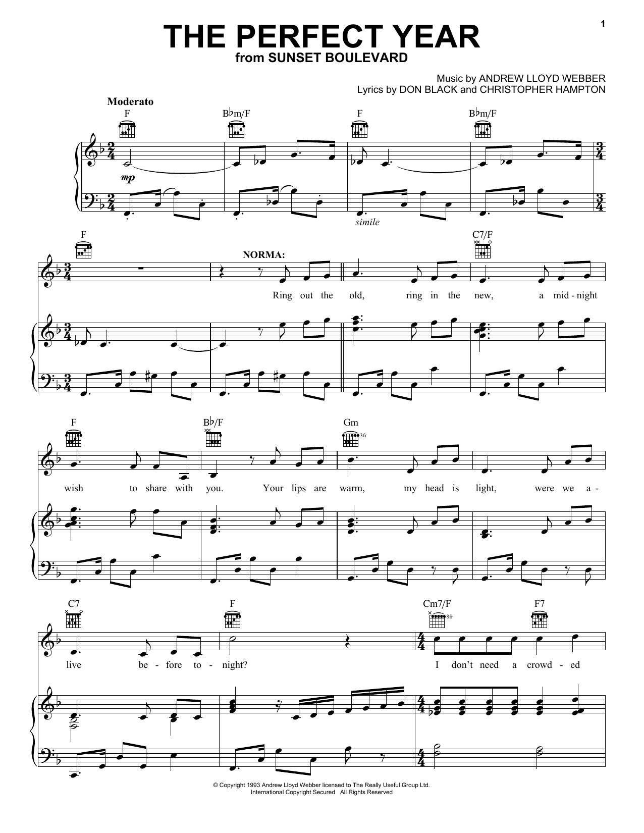 Andrew Lloyd Webber The Perfect Year (from Sunset Boulevard) sheet music preview music notes and score for Piano, Vocal & Guitar (Right-Hand Melody) including 5 page(s)
