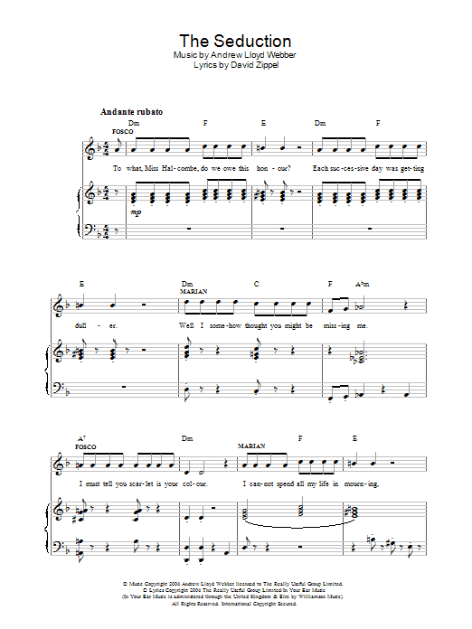 Andrew Lloyd Webber The Seduction (from The Woman In White) sheet music preview music notes and score for Piano, Vocal & Guitar including 12 page(s)