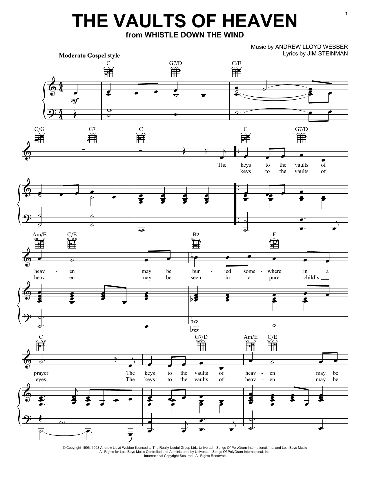 Learn to play Andrew Lloyd Webber The Vaults Of Heaven sheet music for Piano, Vocal & Guitar (Right-Hand Melody) in minutes. Andrew Lloyd Webber The Vaults Of Heaven sheet music preview music notes and score for Piano, Vocal & Guitar (Right-Hand Melody) including 5 page(s)