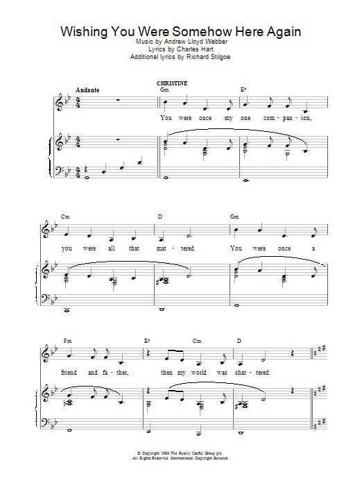 Learn to play Andrew Lloyd Webber Wishing You Were Somehow Here Again (from The Phantom Of The Opera) sheet music for Piano (Big Notes) in minutes. Andrew Lloyd Webber Wishing You Were Somehow Here Again (from The Phantom Of The Opera) sheet music preview music notes and score for Piano (Big Notes) including 3 page(s)