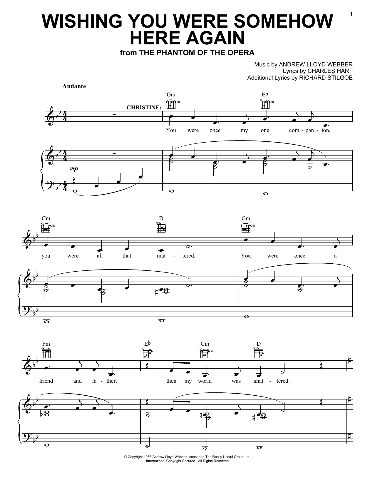 Learn to play Andrew Lloyd Webber Wishing You Were Somehow Here Again (from The Phantom Of The Opera) sheet music for Piano, Vocal & Guitar (Right-Hand Melody) in minutes. Andrew Lloyd Webber Wishing You Were Somehow Here Again (from The Phantom Of The Opera) sheet music preview music notes and score for Piano, Vocal & Guitar (Right-Hand Melody) including 5 page(s)