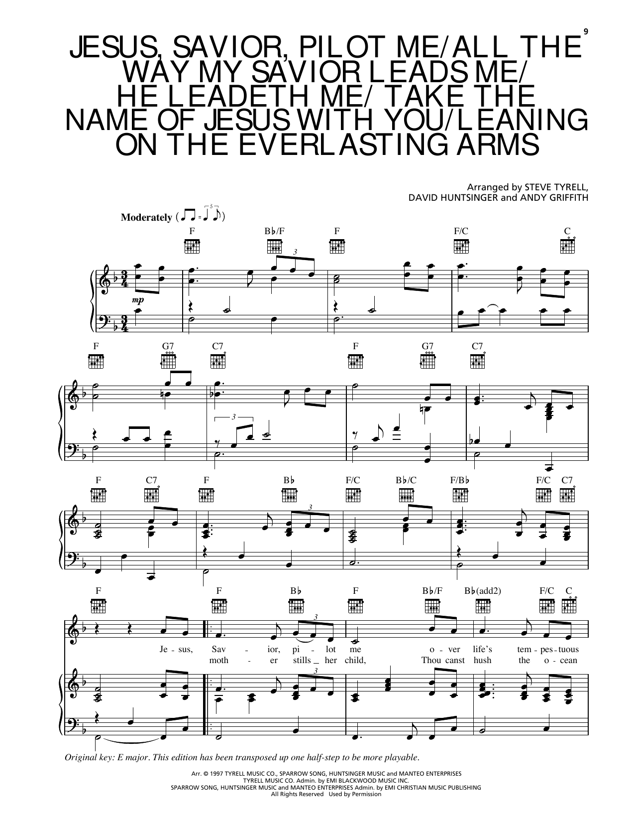 Andy Griffith Jesus, Savior, Pilot Me/All The Way My Savior Leads Me/He Leadeth Me/Take The Name Of Jesus With You sheet music, chords, lyrics - Printable PDF for Piano, Vocal & Guitar Chords (Right-Hand Melody)