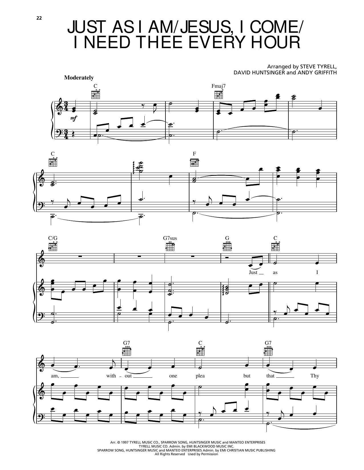 Andy Griffith Just As I Am/Jesus, I Come/I Need Thee Every Hour sheet music, chords, lyrics - Printable PDF for Piano, Vocal & Guitar Chords (Right-Hand Melody)