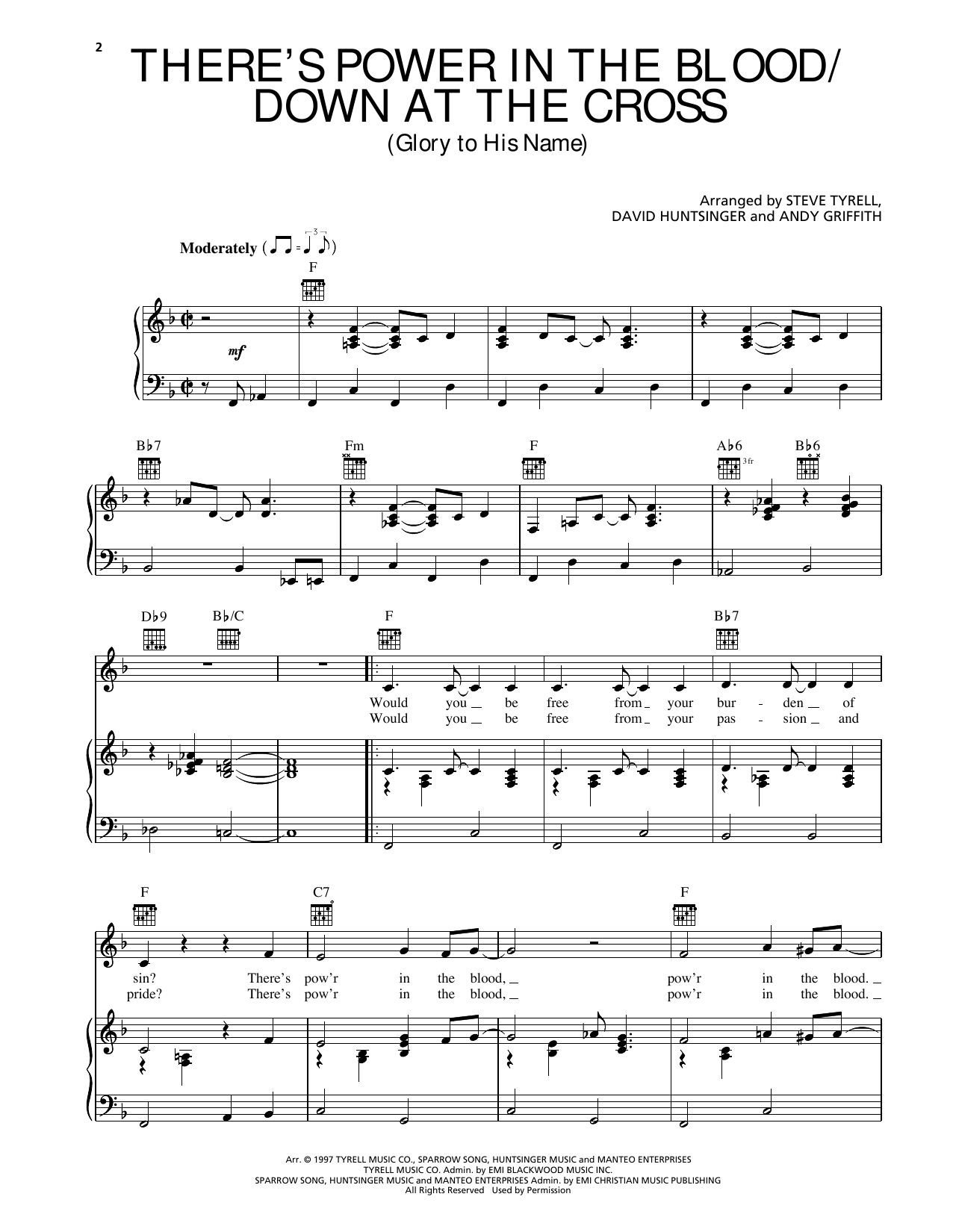 Andy Griffith There's Power In The Blood/Down At The Cross (Glory To His Name) sheet music, chords, lyrics - Printable PDF for Piano, Vocal & Guitar Chords (Right-Hand Melody)