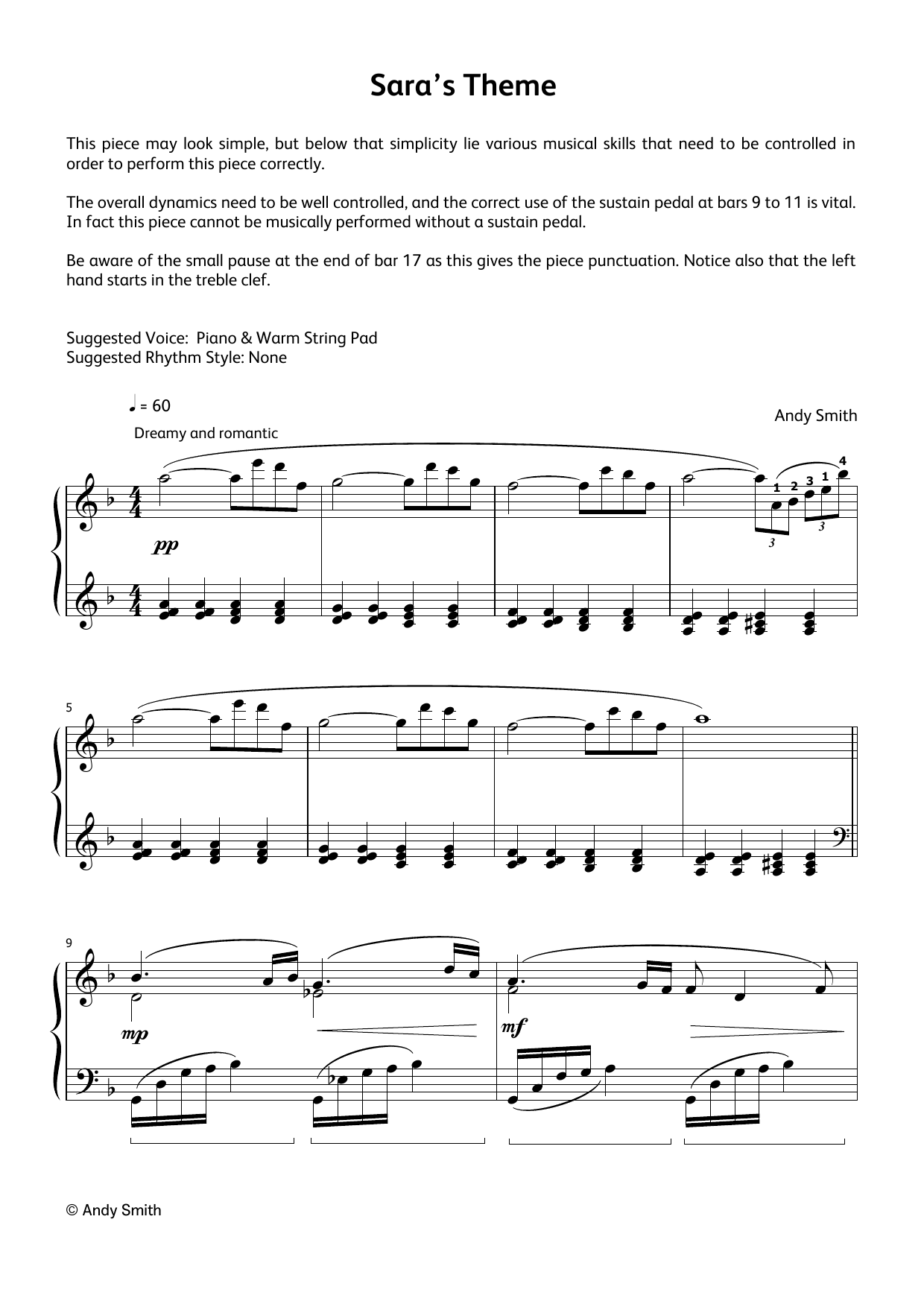 Andy Smith Sara's Theme (LCME Electronic Keyboard Grade 6 List B) sheet music, chords, lyrics - Printable PDF for Piano Solo